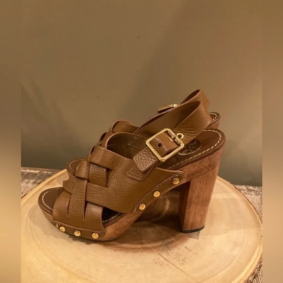Tory Burch Brown Woven Leather Chunky Wooden Platform Heel Jodie Sandal size 8.5